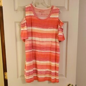 Woman Within Pink and Peach And White Short Sleeve Tee Cold Shoulder 1X 22/24